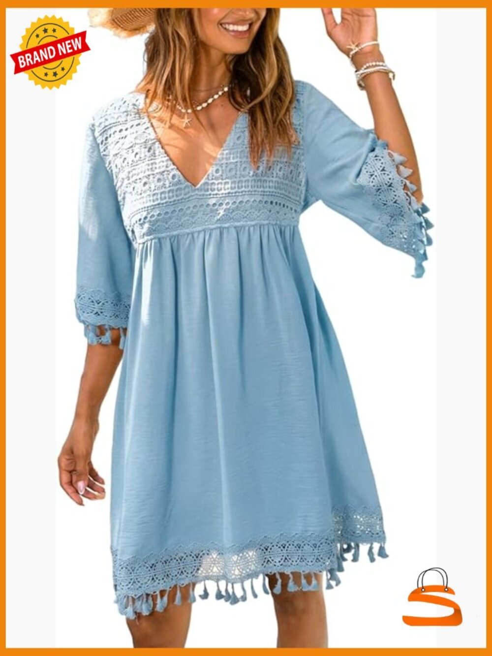 V Neck Tassel Embroidered Boho Tunic Mini Dress Summer
